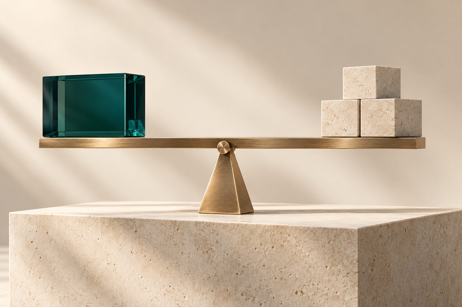 A brass balance weighing a teal glass block against stone cubes