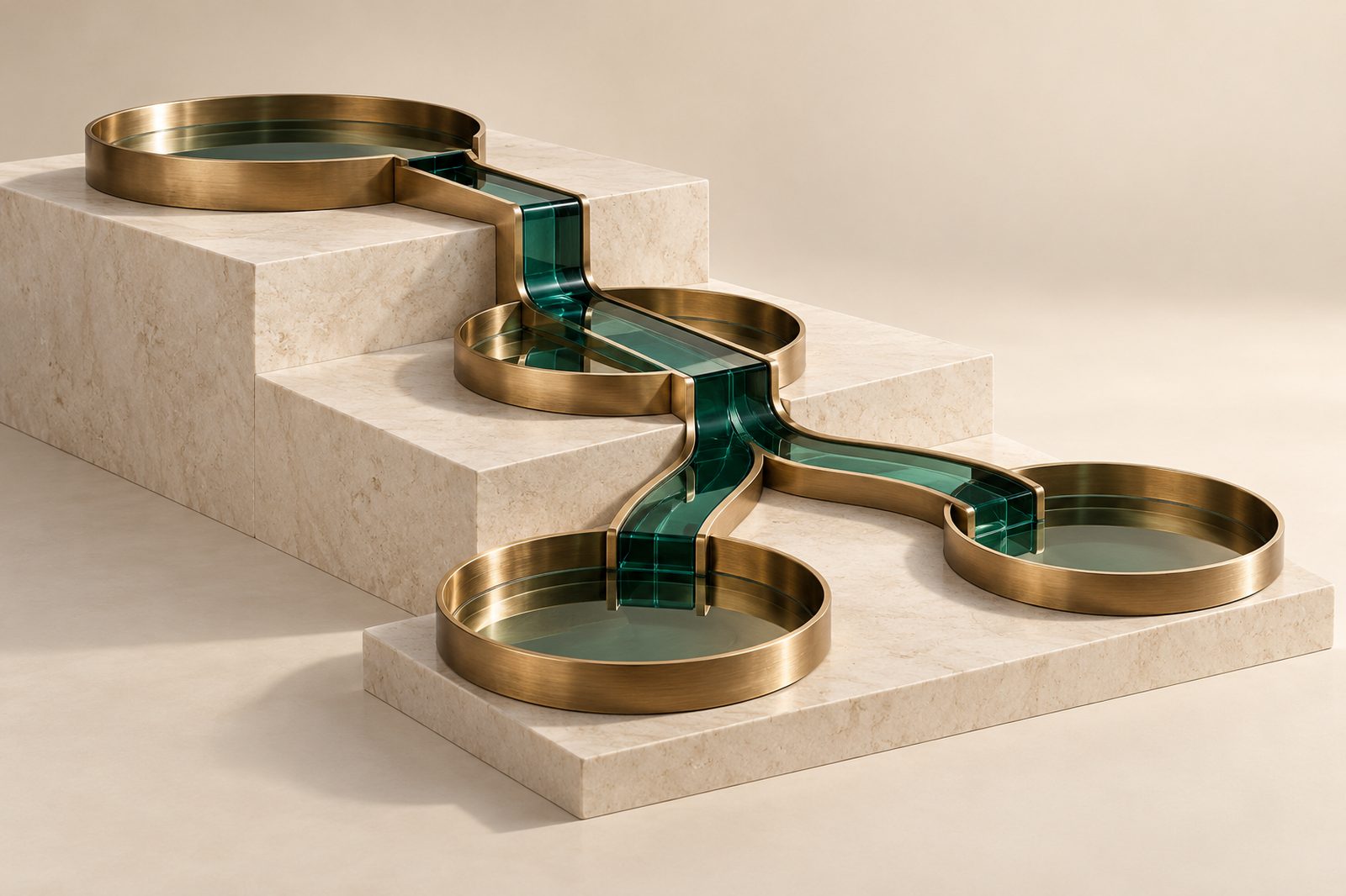 Brass basins on stone steps connected by teal glass channels, a waterfall