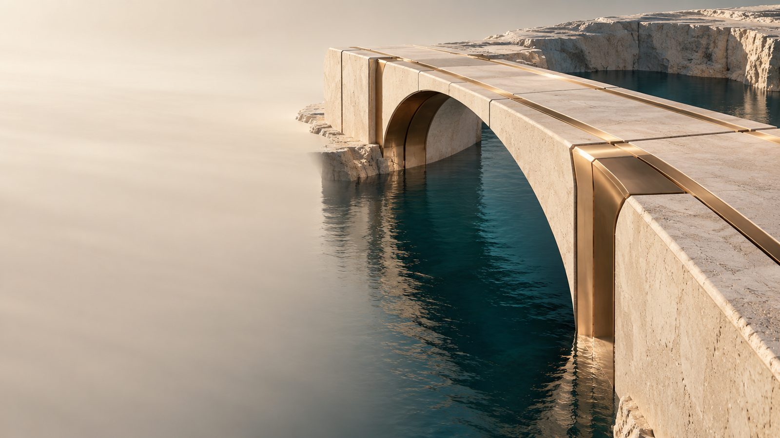 A stone bridge with brass joints spanning deep water