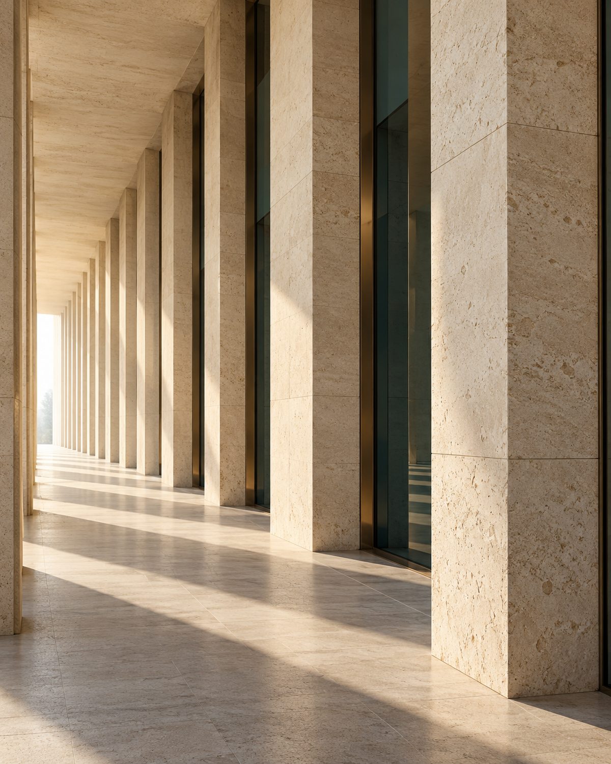 Sunlit travertine colonnade with dark glass between the columns