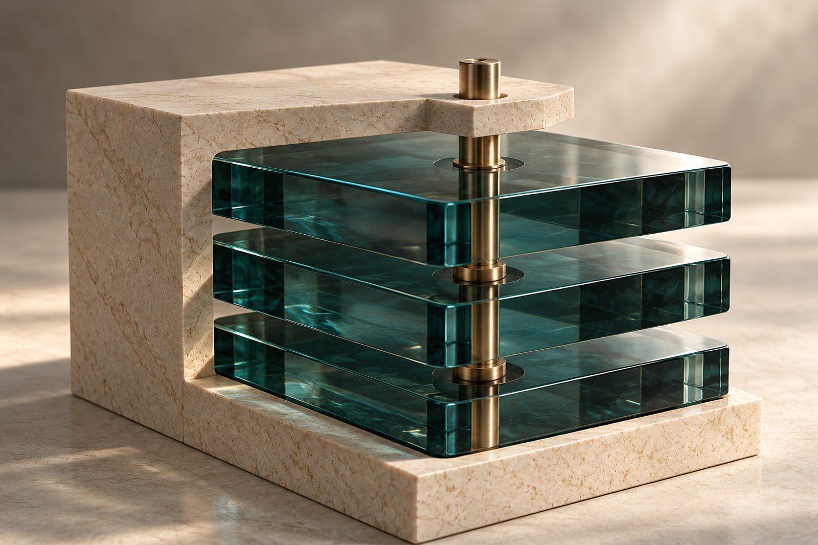 Three teal glass layers on a brass pin inside a stone frame
