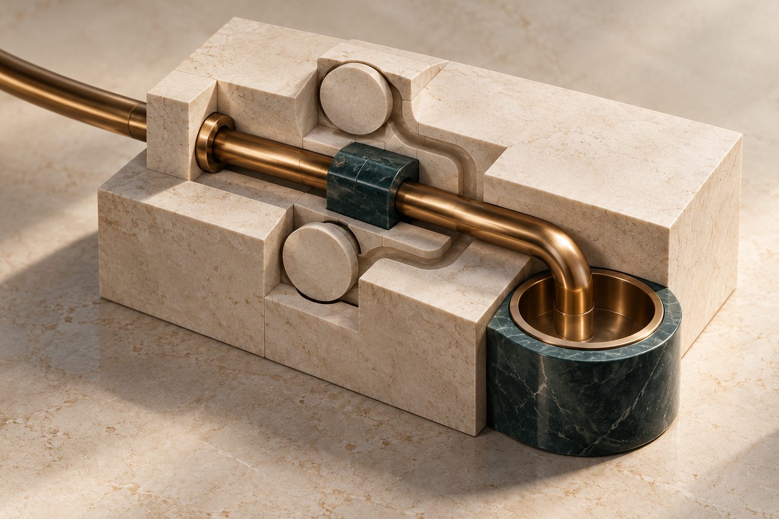 A brass pipe passing through a stone block with a valve, ending in a bowl